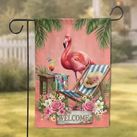 Pink Flamingo Beach Chair Tropical Flowers Welcome Sign - Tropical Home Decor Gift Garden Flag