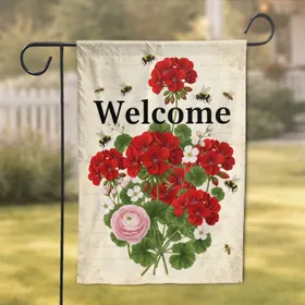 Welcome Geranium Bumblebee Aged Parchment - Home Decor Gift Garden Flag