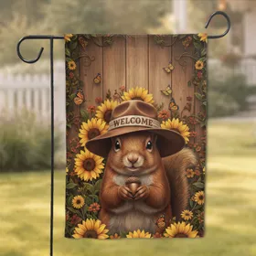 Squirrel Welcome Hat Sunflowers Autumn Wildflowers Monarch Butterflies - Home Decor Gift Garden Flag