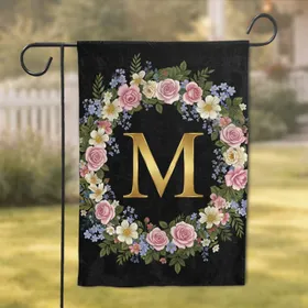 Golden Custom Letter Floral Wreath Roses Blossoms - Home Decor Gift Garden Flag