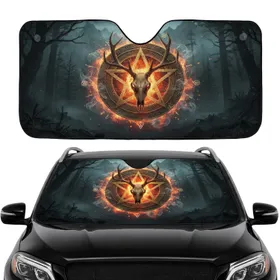 Golden Pentagram Deer Skull Ancient Ring Flames - Car Interior Upgrade Car Sunshade