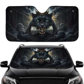 Black Panther Spiked Crown Golden Fangs Emerald Eyes Money - Car Interior Upgrade Car Sunshade