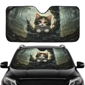 Fluffy Calico Kitten Peeking Mystical Forest – Road Trip Car Interior Upgrade Car Sunshade