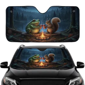 Chubby Green Frog Squirrel Toasting Beer Campfire Log Slice - Night Forest Road Trip Gift Car Sunshade