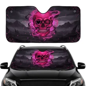 Hot Magenta Crimson Skull with Swirling Smoke Mountain Peaks - Car Interior Upgrade Car Sunshade
