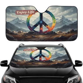 Fluid Art Peace Sign Mountain Camping Scene - Road Trip Travel Essentials Car Sunshade