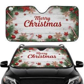 Merry Christmas Pine Berries Snowflakes Candy Canes - Holiday Road Trip Gift Car Sunshade
