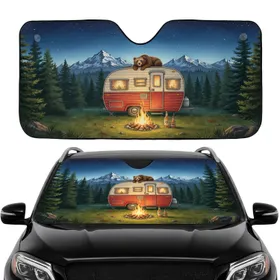 Vintage Camper Bear Pine Forest - Starry Night Road Trip Essentials Car Sunshade