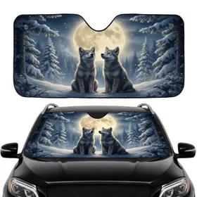 Wolf Pups Full Moon Ancient Winter Forest - Wildlife Lover Road Trip Gift Car Sunshade