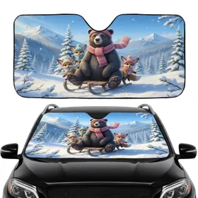 Bear Fox Sled Snowy Pine Mountains - Road Trip Gift Car Sunshade