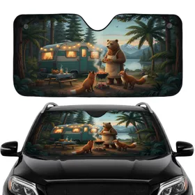 Brown Bear Red Foxes Travel Trailer Lakeside Mountains - Road Trip Gift for Campers Car Sunshade