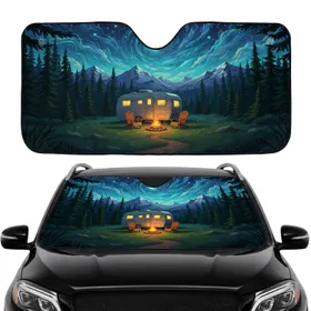 Vintage Travel Trailer Campsite Night Sky Stars Road Trip Gift Car Sunshade
