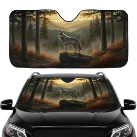 Gray Wolf Wilderness Forest Autumn Foliage Misty Mountains - Road Trip Travel Essentials Car Sunshade