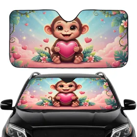 Baby Monkey Pink Heart Jungle Foliage - Car Interior Upgrade Gift for New Parents Car Sunshade
