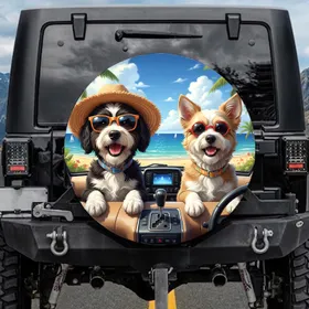 Fluffy Dogs Car Coastal Road Trip - Travel Essentials Gift for Dog Lovers Spare Tire Cover