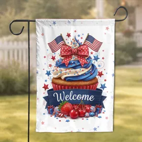 American Cupcake Welcome Banner Polka Dot Bow - Independence Day Home Decor Gift Garden Flag
