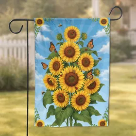 Sunflowers Monarch Butterflies Ladybugs Bees Green Leaves Blue Sky Clouds - Nature Lover Gift Garden Flag
