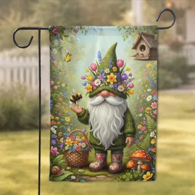 Garden Gnome Bumblebee Birdhouse Toadstool Wildflower Garden - Spring Home Decor Garden Flag