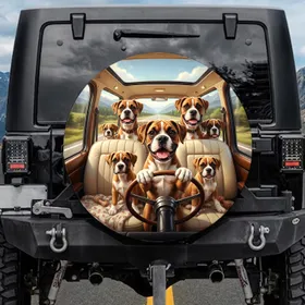 Boxer Dogs Driving Car Road Trip - Dog Lover Vehicle Decor Gift Spare Tire Cover
