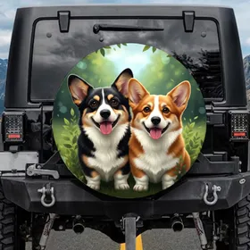 Tri-Color Red Corgi Dogs Greenery Bokeh Sun-Dappled - Corgi Lover Outdoor Gift Spare Tire Cover
