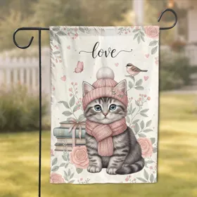 Fluffy Striped Kitten Beanie Scarf Love Hearts Birds Books - Home Decor Gift Cat Lover Garden Flag
