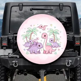 Stegosaurus Pterodactyl Long Neck Baby Dinosaurs Palm Trees Hearts - Kids Dino Gift Spare Tire Cover