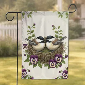 Chickadee Birds Nest Purple Pansy Greenery Spring - Wildlife Lover Home Decor Gift Garden Flag
