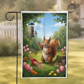 Fluffy Red Squirrel Waving Garden Flowers - Wildlife Lover Home Decor Gift Garden Flag