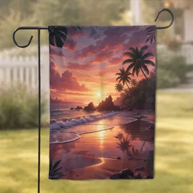 Panoramic Tropical Beach Sunset Palm Trees Ocean Waves Fiery Sky - Beach Lover Gift Garden Flag