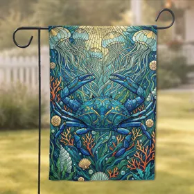 Blue Crab Jellyfish Seashells Coastal Home Decor Gift for Ocean Lover Garden Flag