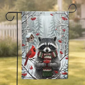 Snowy Raccoon Cardinal Winter Berries Birdhouse - Wildlife Lover Holiday Decor Gift Garden Flag