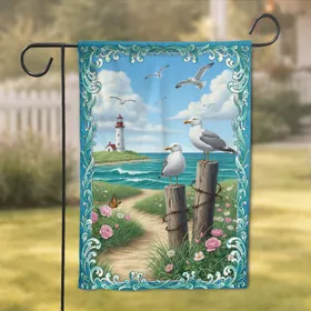 Coastal Seagulls Lighthouse Wildflowers - Ocean Beach House Decor Gift Garden Flag
