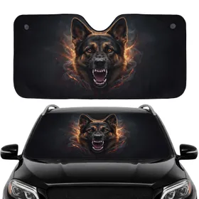 German Shepherd Snarl Bared Teeth Smoke Fire - Road Trip Gift for Dog Lovers Car Sunshade