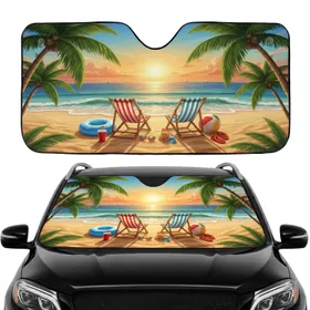 Tropical Beach Chairs Palm Trees Sunset Scene - Road Trip Travel Essentials Car Sunshade