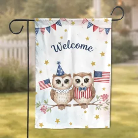 Welcome Cartoon Owls US Flags Bunting Golden Stars - Patriotic Everyday Home Decor Garden Flag