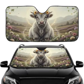 Baby Highland Cow Wildflower Crown Scottish Landscape - Car Interior Upgrade for Cow Lover Car Sunshade