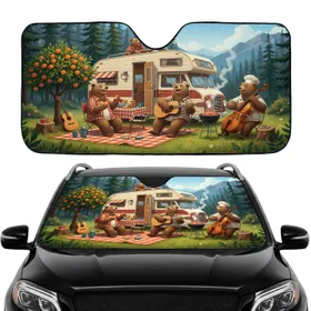 Grizzly Bears Vintage Camper Van Camping - Road Trip Travel Essentials Car Sunshade