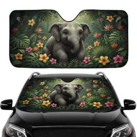 Plump Baby Elephant Tropical Jungle Foliage - Car Interior Upgrade Road Trip Gift Car Sunshade