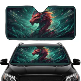 Ancient Fiery Crimson Dragon Head Horns Frills Luminous Eye Aura - Travel Essentials Car Sunshade