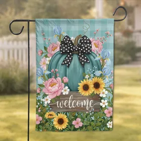Teal Blue Pumpkin Black Bow Welcome Sign Peony Sunflower - Rustic Farmhouse Home Decor Garden Flag