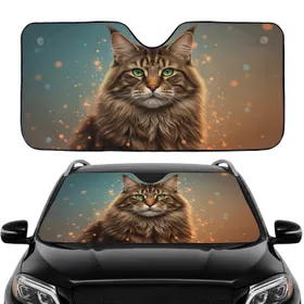 Brown Tabby Maine Coon Cat Emerald Eyes Bokeh Lights - Car Interior Upgrade for Cat Lovers Car Sunshade