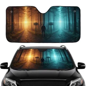 Man Crossroads Diverging Paths Sunlight Mist Forest Scene - Car Interior Upgrade Car Sunshade