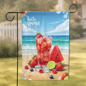 Hello Summer Fruit Drink Watermelon Berries Beach Ocean - Refreshment Home Decor Garden Flag