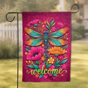 Large Dragonfly Welcome Script Poppy Botanical Floral Garden Home Decor Gift Garden Flag