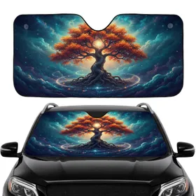 Majestic Tree of Life Autumnal Leaves Glowing Orb Cosmic Starry Landscape Car Interior Upgrade Car Sunshade