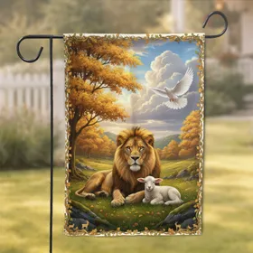 Lion Lamb Dove Autumn Landscape with Rolling Hills - Wildlife Lover Gift Garden Flag