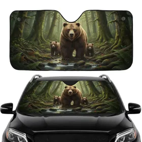 Majestic Grizzly Bear Cubs in a Deep Forest Green Pacific Northwest Rainforest Scene - Road Trip Gift Car Sunshade