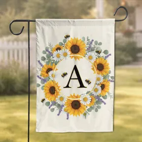 Black Letter Custom Gold Ring Floral Wreath Sunflowers Bumblebees Home Decor Gift Garden Flag