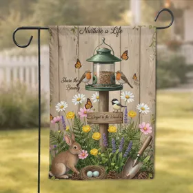Rustic Bird Feeder Robin Chickadee Rabbit Garden Flowers - Nature Lover Gift Garden Flag