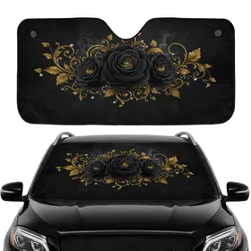 Opulent Dark Black Roses Golden Leaves Sparkling Crystal Accents - Car Interior Upgrade Car Sunshade